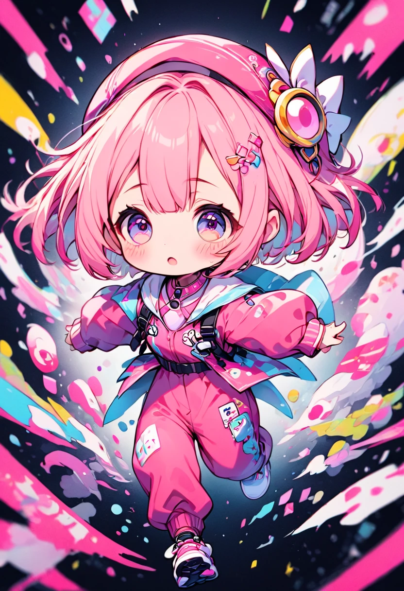 portrait, kawaii chibi character girl, pink bob haircut, cute big round eyes, expressive, wearing baggy pink jumpsuit, baggy hat, running, background vivid color pattern patchwork wallpaper, conceptual installation art, BREAK delicate and dynamic textures, 2.5D, digital graphic CG, BREAK ultra detailed, absolutely resolution, best quality