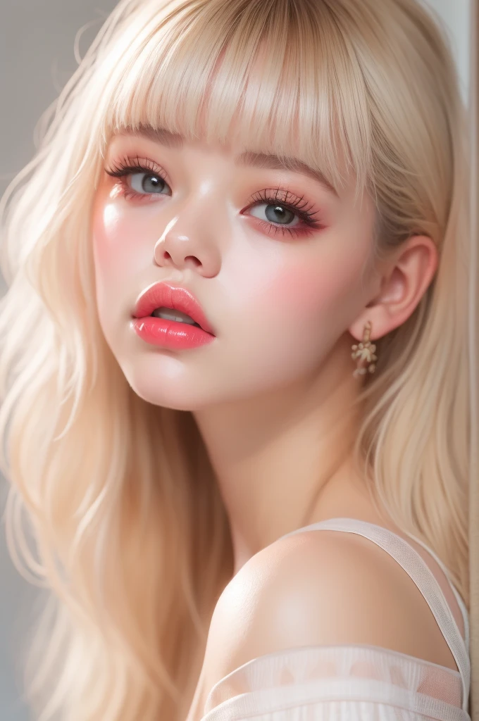 (detailed), studio lighting, hyper detailed, realistic portrait, Perfect Face.1 teenage girl, 、Blue eyes with well-defined double eyelids and long eyelashes, in the white girly dressroom backdrop, realistic face, detailed skin, Blonde long bob hair with pink ends 、bangs covering forehead, extremely detailed lips, large mouth, full, plump, glossy light pink lips, natural-looking makeup, transparent lip gloss, with off-shoulder tops, photorealistic, ((Best Quality)), ((masterpiece)), high quality, 8k, masterpiece