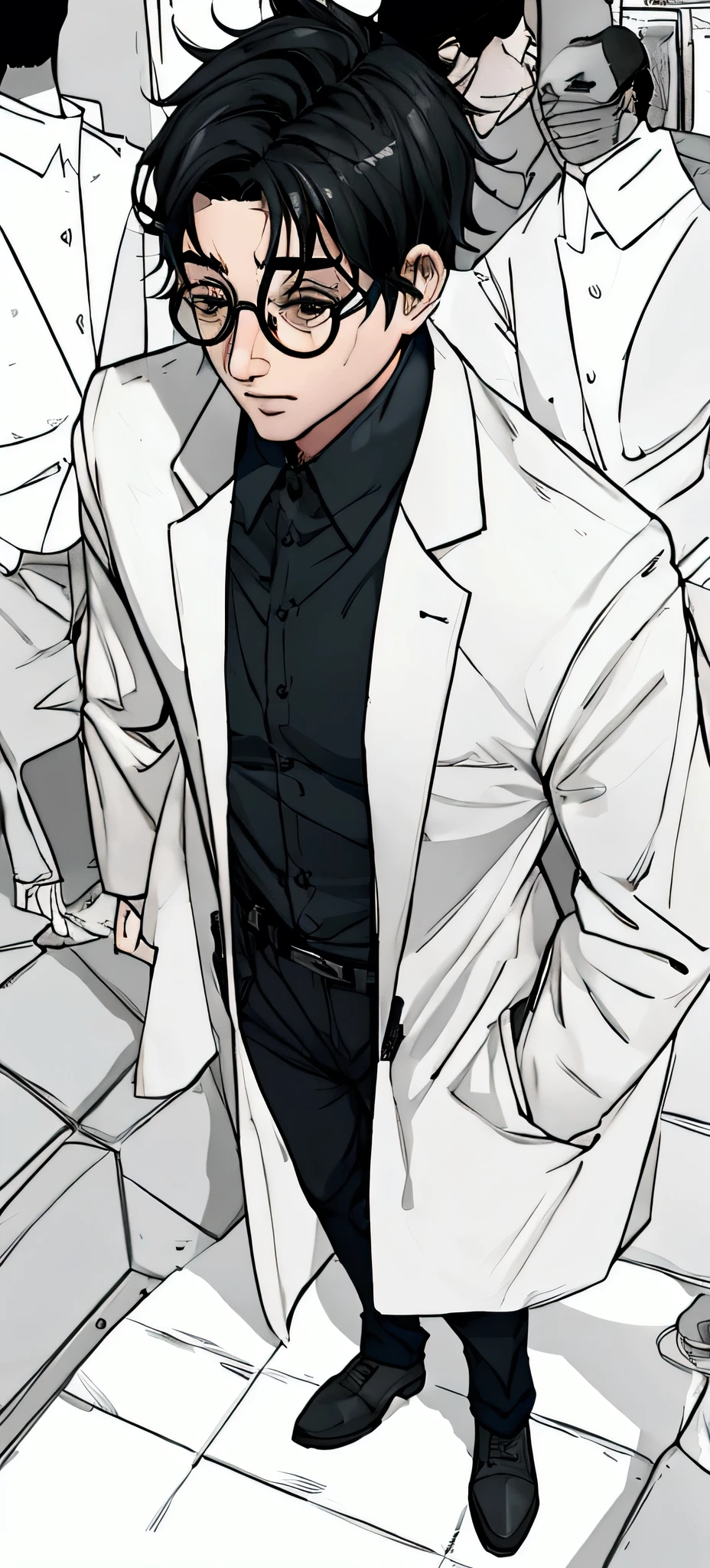 1boy, round glasses, black hair, messy hair, short hair, nerd, forensic scientist, full body, scientst cloathes, sleepy