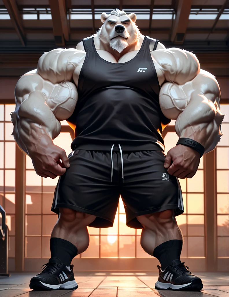 huge muscular polar bear in muscle fitness center, big bulk workout, grunting noise, polar bear, huge white fur, thick arm, huge arm, added gray mustache, added gray beard, Short white hair, weight: 350lbs, (veiny muscular, veiny pectoral, wide pectoral, thick arms), brick building gym, weight equipments, sunset window, realistic, 8k, masterpiece, gray eyebrows added, added eyes with blue pupils, (wearing black gym shorts, black wristbands, black gym tank top, black socks and black gym shoes),