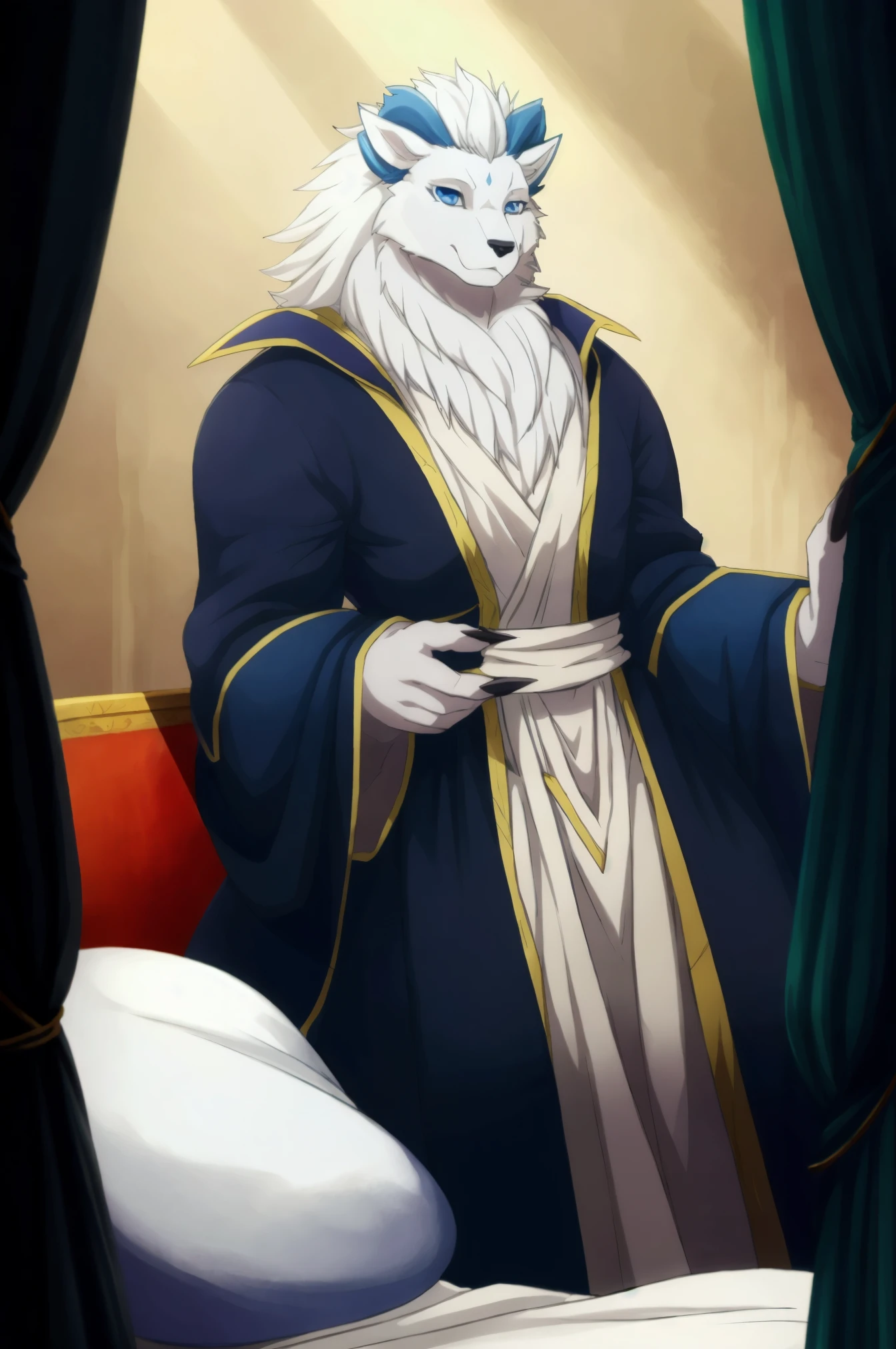 best quality, 32К hdr:1.2, extremely detailed, reality, ảnhreality, Masterpiece,) official art, The Sacrificial Princess and the King of Beasts, full body view, I look at the viewer, One, male, Pretty, majestic beast, bright white fur, light white mane , found , muscular body, blue gold eyes, serious look, wolf ears,curved blue horne, kimono Niehime, (Details Real pictures: 1.3), (Detailed Eyes, beautiful expressive eyes :1), (lông surreal:1.2), (fur detail:1. ( Face detail:1) light is stifled: 1.2) Masterpiece, best quality, surreal ( 8K, UHD, Beautiful light and shadow, Hình ảnh Face detail, the best quality, Masterpiece, extremely detailed, official art, very detailed, deep shadow, dynamic shadow, hdr, depth of field, super detailed fur, maximum focus, Depth of field, perfect light, easy, Highest quality, super detailed body, cinema, sharp focus, Anatomically correct, right hand, right hand, right head, detailed background, on bed, lie, barebacked, shirtless, no clothes on,