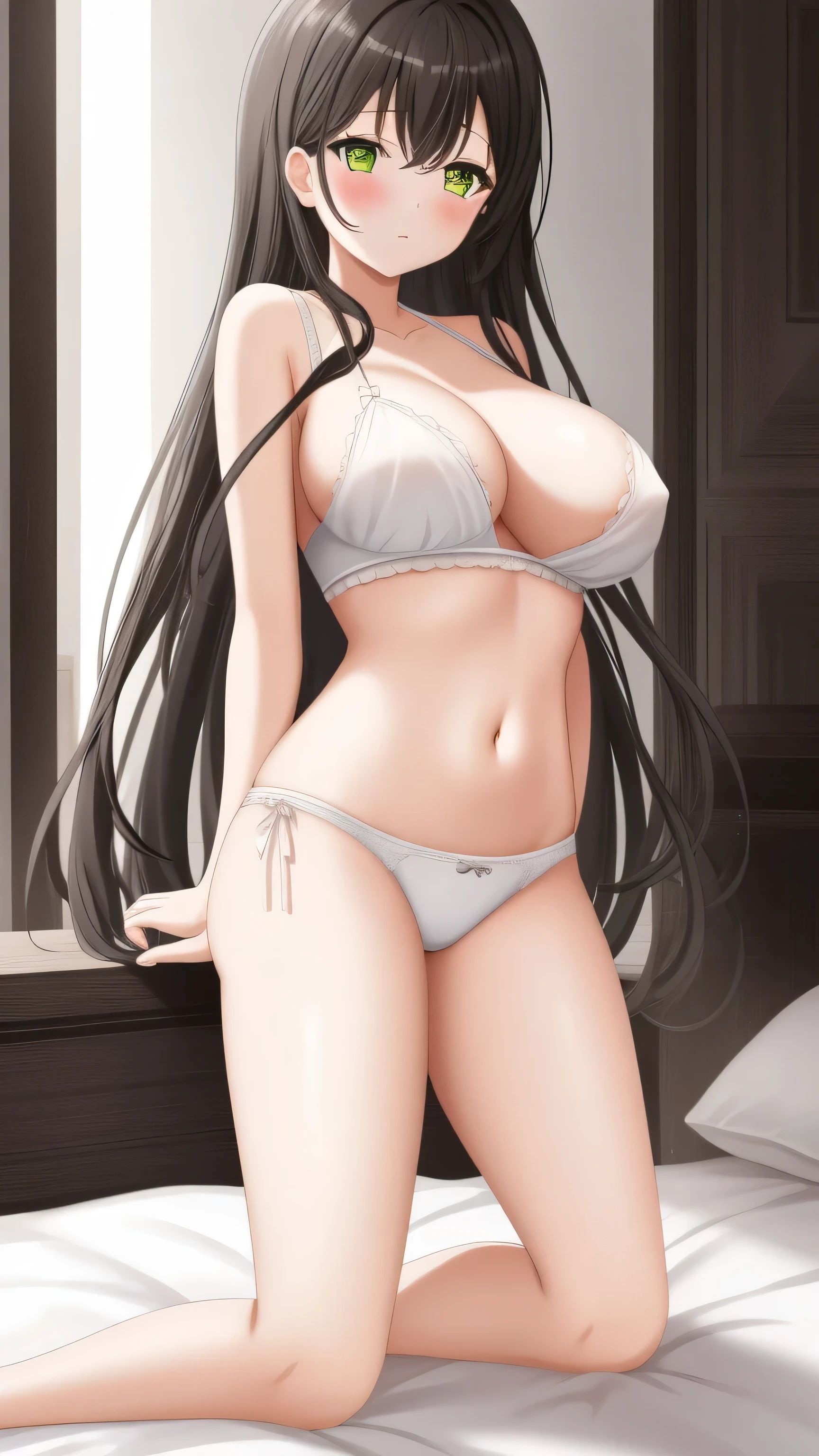 The body is slim、Masterpiece、Highest quality、Highest quality, (after that, shoes:1.2), Arm behind wrist, Standing posture、Long legs、1 girl, Ahegao, Cute eyes, black eye, Open your mouth, Drooping, The whole face turns red, alone, Crotchless panties, Big and ample breasts, (Straight bangs, Twin tails), White maid outfit、Side bust、Underbust、belly button、Walking through the mansion&#39;corridor