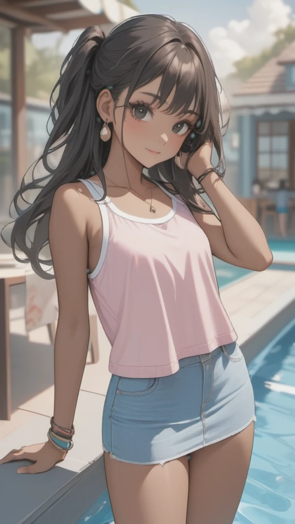 Young woman with a short Dress, pink sleeveless top, cyan mini skirt, black eyes,(((brown skin))), black hair, long wavy hair, wearing silver sandals, sunglasses;
Standing in front of pool,  water moving around, with cute smile, posing, face blushing, backyard pool background, high quality, masterpiece, anatomically correct, detailed background, better quality, original work, focus on details, people's around, front view, earrings, wind blowing, cute makeup, one hand in hair, full body view, with tattoos, barbecue scene, 