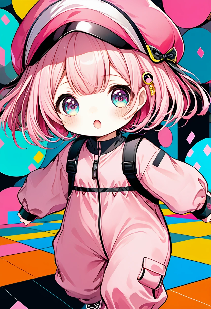 portrait, kawaii chibi character girl, pink bob haircut, cute big round eyes, expressive, wearing baggy pink jumpsuit, pink baggy hat, running, background vivid color pattern patchwork wallpaper, conceptual installation art, BREAK delicate and dynamic textures, 2.5D, digital graphic CG, BREAK ultra detailed, absolutely resolution, best quality