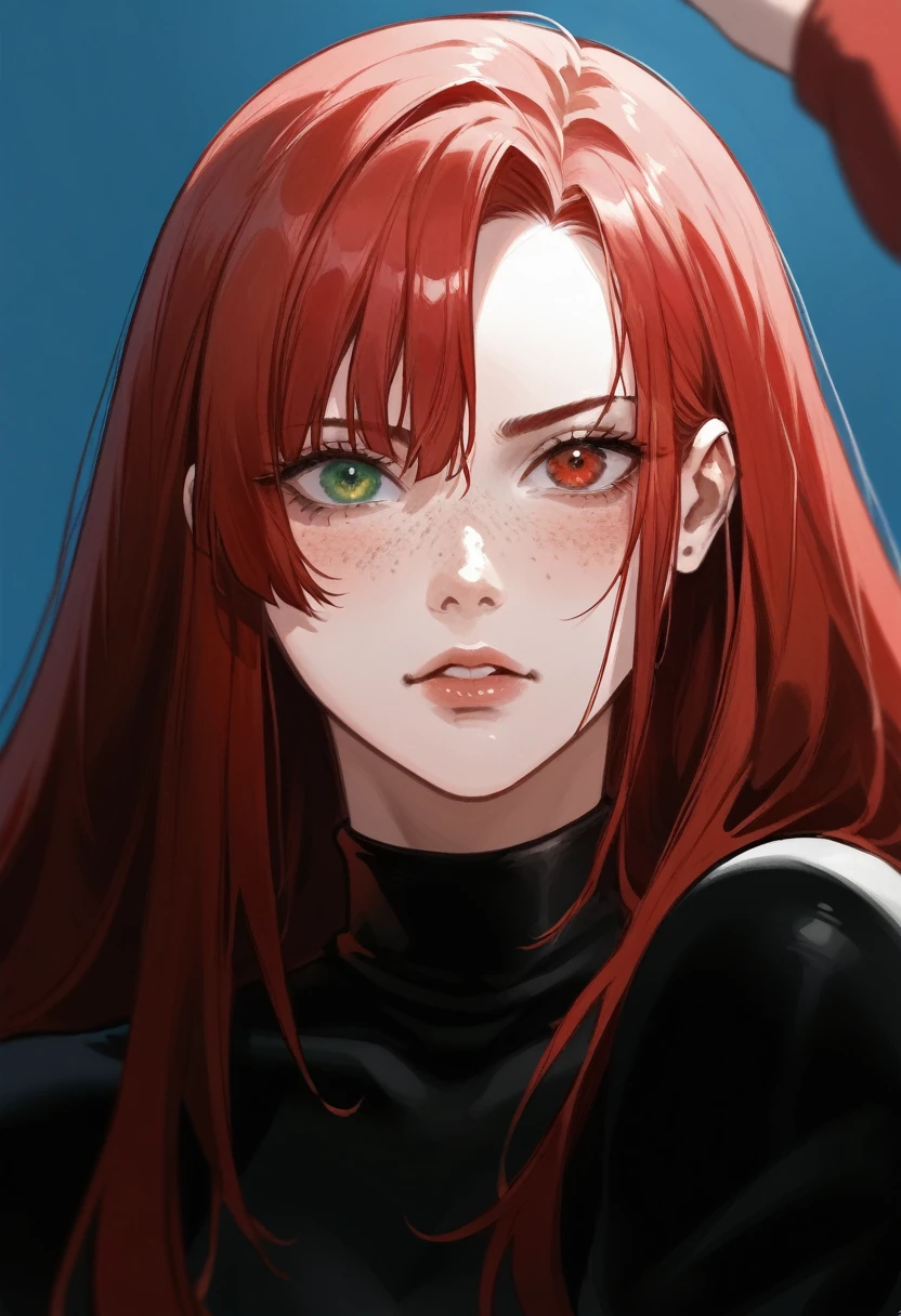 there is a drawing of a woman with red hair and a blue background, a character portrait inspired by Rei Kamoi, deviantart contest winner, digital art, red hair girl, she has red hair, red haired girl, with red hair and green eyes, with red hair, red head, crimson red hair and red eyes, red hair and freckles, halfbody portrait