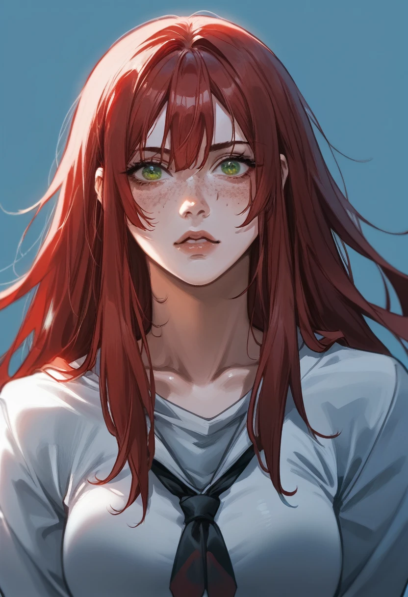 there is a drawing of a woman with red hair and a blue background, a character portrait inspired by Rei Kamoi, deviantart contest winner, digital art, red hair girl, she has red hair, red haired girl, with red hair and green eyes, with red hair, red head, crimson red hair and red eyes, red hair and freckles, halfbody portrait