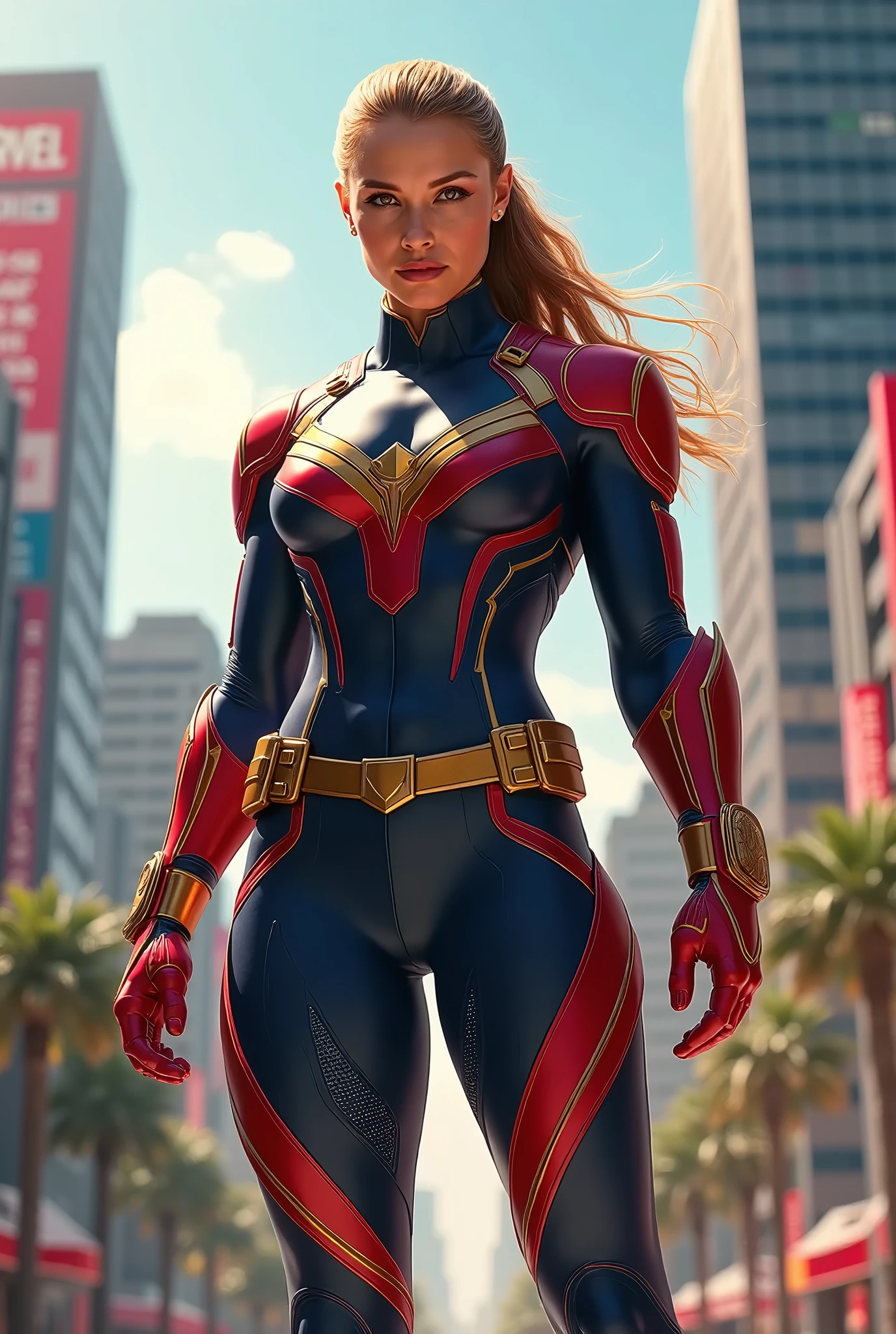 Araffe woman in a superhero suit standing in a city - SeaArt AI