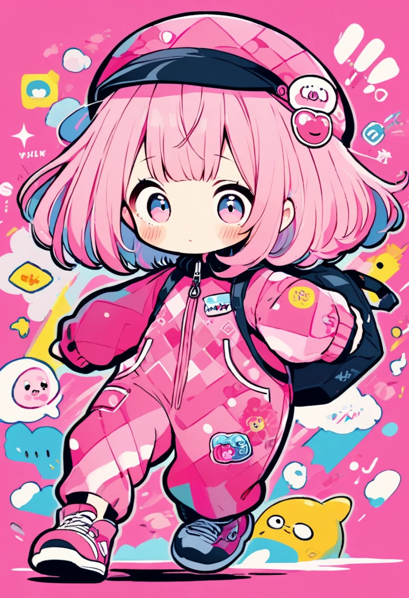 portrait, kawaii chibi character girl, pink bob haircut, cute big round eyes, expressive, wearing baggy pink jumpsuit, baggy hat, running, background vivid color pattern patchwork wallpaper, conceptual installation art, BREAK delicate and dynamic textures, 2.5D, digital graphic CG, BREAK ultra detailed, absolutely resolution, best quality