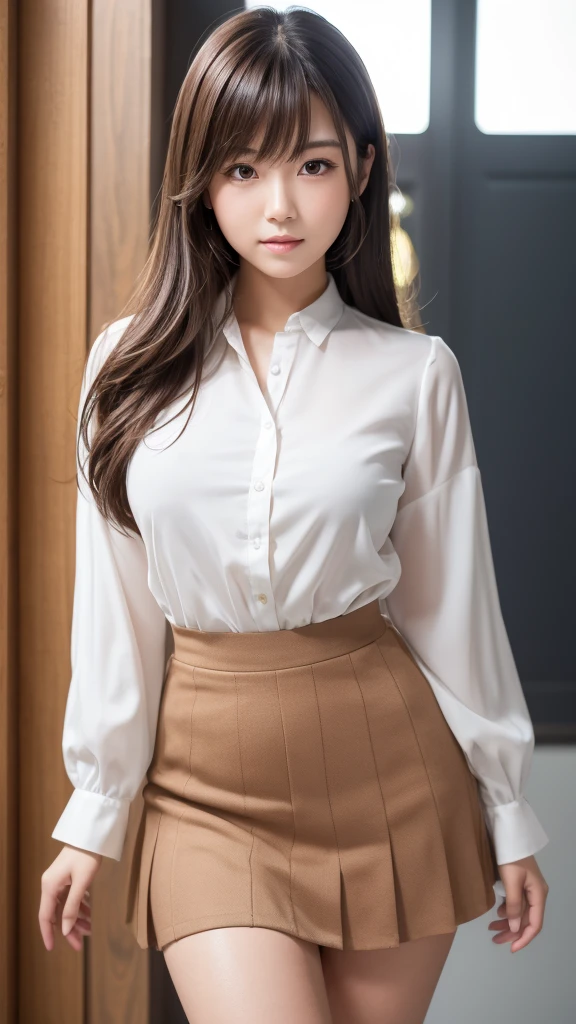 ((Kumiko Goto:1.3))Beautiful detailed face、Pale skin、Realistic glowing skin、Detailed cloth texture、Detailed hair texture、Perfect body、Beautiful Face、correct、Anatomically correct、 Highly detailed face and skin texture、Natural neck length、(Beautiful Hands)、(Fair skin:1.2)、Thin legs、Thin legs、 break 細かい目元、Symmetrical eyes、Light brown eyes、double eyelid、Thin eyebrows、(Glossy Lips:1.4)、((Gentle smile:1.2))、(blush:1.1)、 break (Elegant and cute girl:1.3)、Medium-sized large breasts、(Slim body type:1.1)、Toned Abs、Beautiful clavicle、 (Dark Blonde、Wavy Hair、Long Hair:1.2)、 ((Asymmetrical bangs:1.2))、((In a stylish office at night:1.4))、(Cowboy Shot:1.2)、white long sleeve button up blouse,_brown tweed mini skirt,Put the shirt inside the skirt、full figure supermodel standing, entire body in frame、standing gracefully、