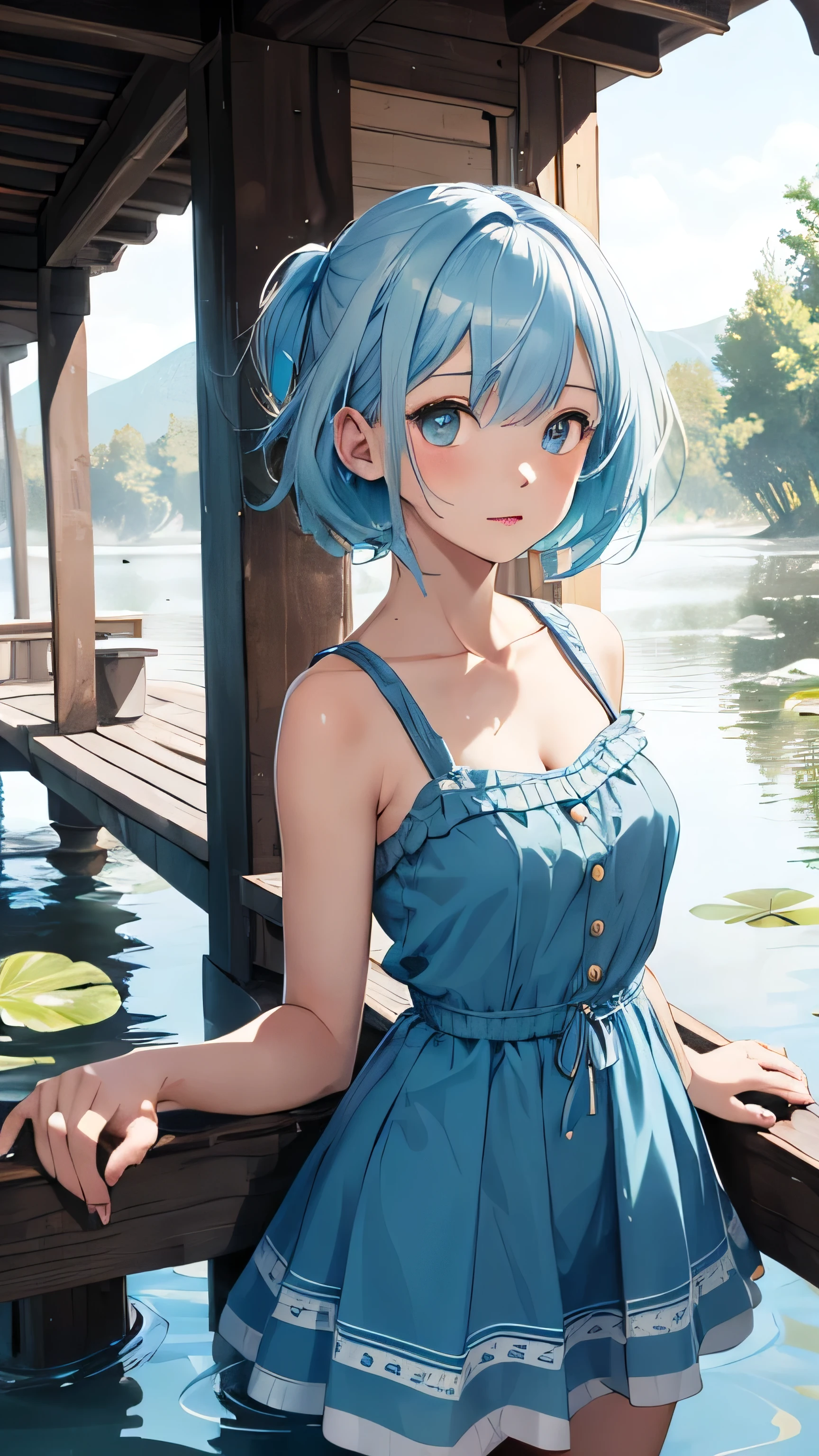 (superflat, flat shading, flat colors:1.1), 1girl, loli, petite, sumer dress, spread legs, sitting on stone, (peeing:1.3), blush, embarassed, by the river, volumetric lighting, soft light, bright, vibrant colors
