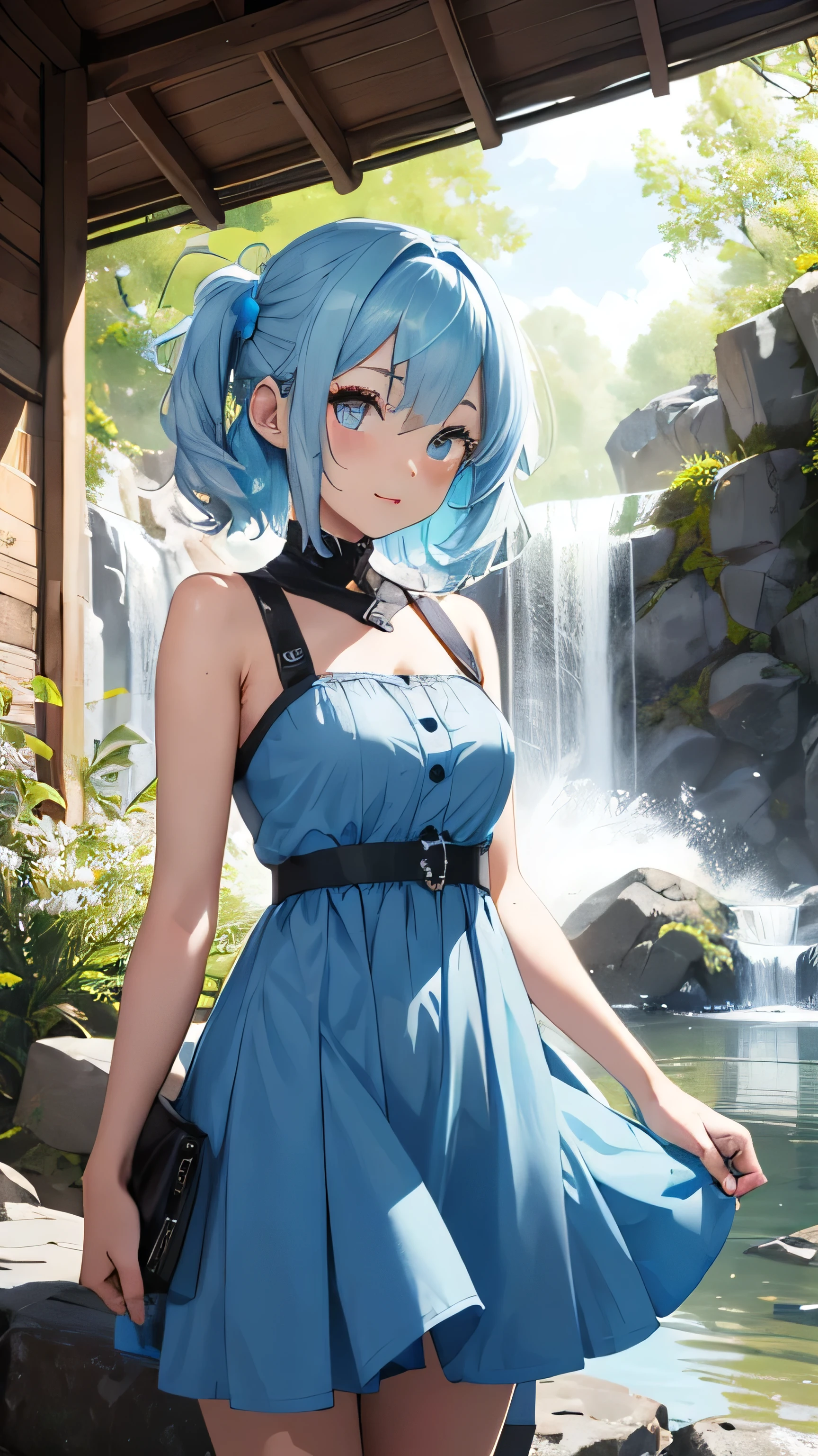 1 woman, micro mini dress, aqua, visible panties, ((magic staff)), short hairs, blue hairs , high ponytail, scenery, green fields, tree, flowers, looking at viewer