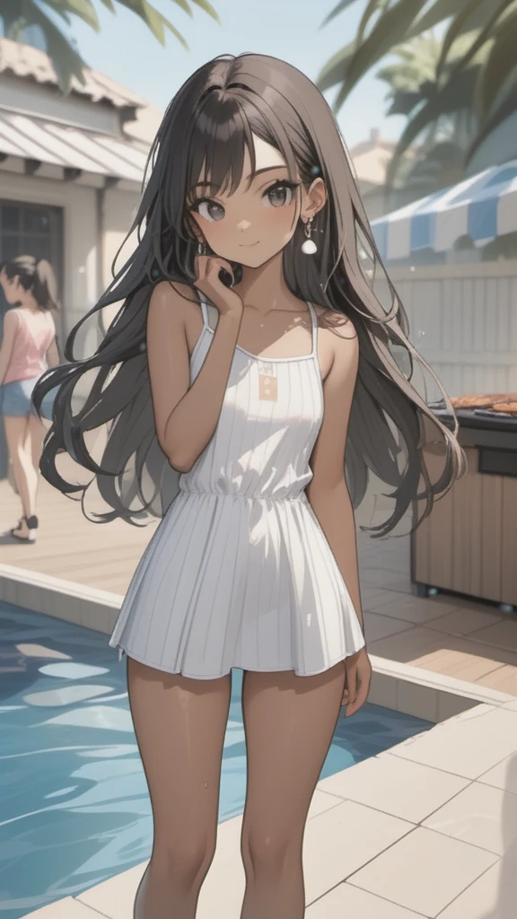 masterpiece, High resolution, High resolution, High resolution, Girl, cute, adorable, smiling, straight hair, long hair, black hair, standing, Swayback stance, looking at the camera, From the front, from thighs to head, pool, daylight,Skirt-style-bikini