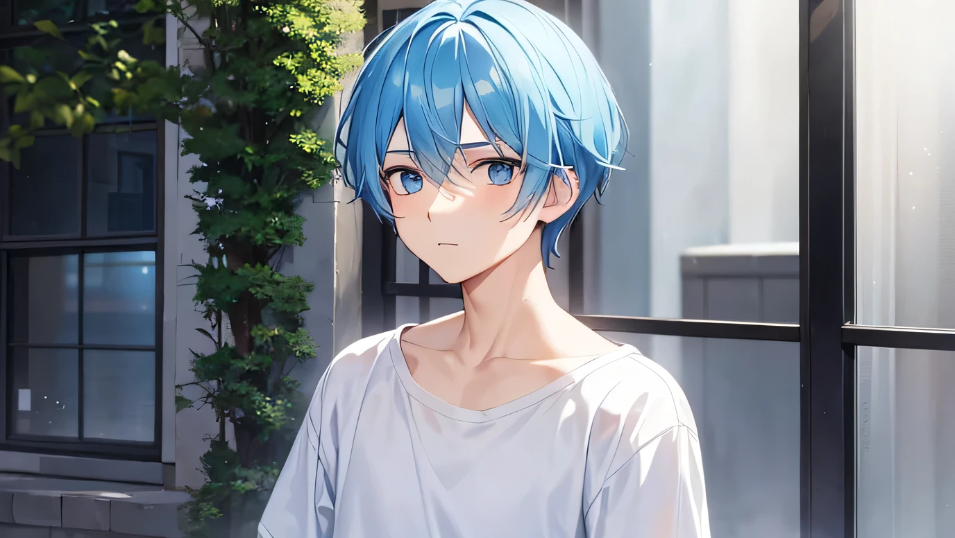 Anime boy with blue hair and glasses standing in front of a building ...