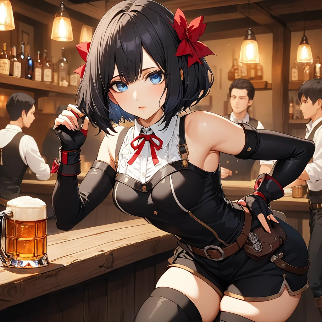  1girl, Absolutely, black hair, short hair, Two hair bows on each side, red bow, blue eyes, red ribbon, black thigh-high boots, fingerless gloves black shorts, black dress, White collar, belt, Tavern, masterpiece、Beautiful attention to detail:1.2, Perfect lighting, (perfect hand, perfect anatomy), detailed eyes, beautiful face, super detailed,