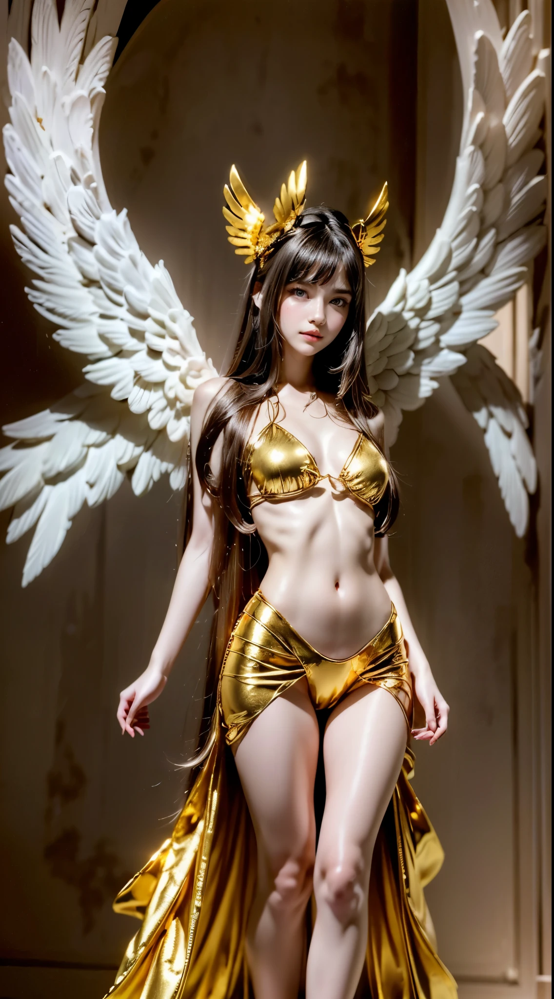Arab woman dressed in a golden  and angel wings posing for a photo, beautiful female angel, anjo majestoso de full body, of Beautiful angel, Beautiful angel, angelic golden armor, elegant golden body, of an Beautiful angel girl, Beautiful Goddess, Golden Wings, smooth golden skin, golden asas, a stunning and ethereal young figure, elegant golden skin, Beautiful angel girl portrait, 
([long hair hair]:1.8), (full body:1.8), (upper body up:0.3), (hyper-realistic:1.4), (realistic:1.3), (best quality real leather texture), detailed eyes, detailed face, Persephone, (sfw:1.5) Hyperrealistic, LESS saggy , (small :1.5), (huge legs:1.5), (LESS THIGHS:1.5), perfect legs, perfect legs, pernas added, pernas added e perfeitas, toned legs, toned thighs, pernas added, Smooth thighs. ( pose:1.5), (Thick eyebrows:1.2), (big purple eyes:1.2), (ultra detailed eyes:1.4), (High resolution eyes:1.1), (ultra detailed skin texture:1.4), (Beautiful toned body:1.1), hair bow, (moist skin:1.1), (sensual face:1.5),

