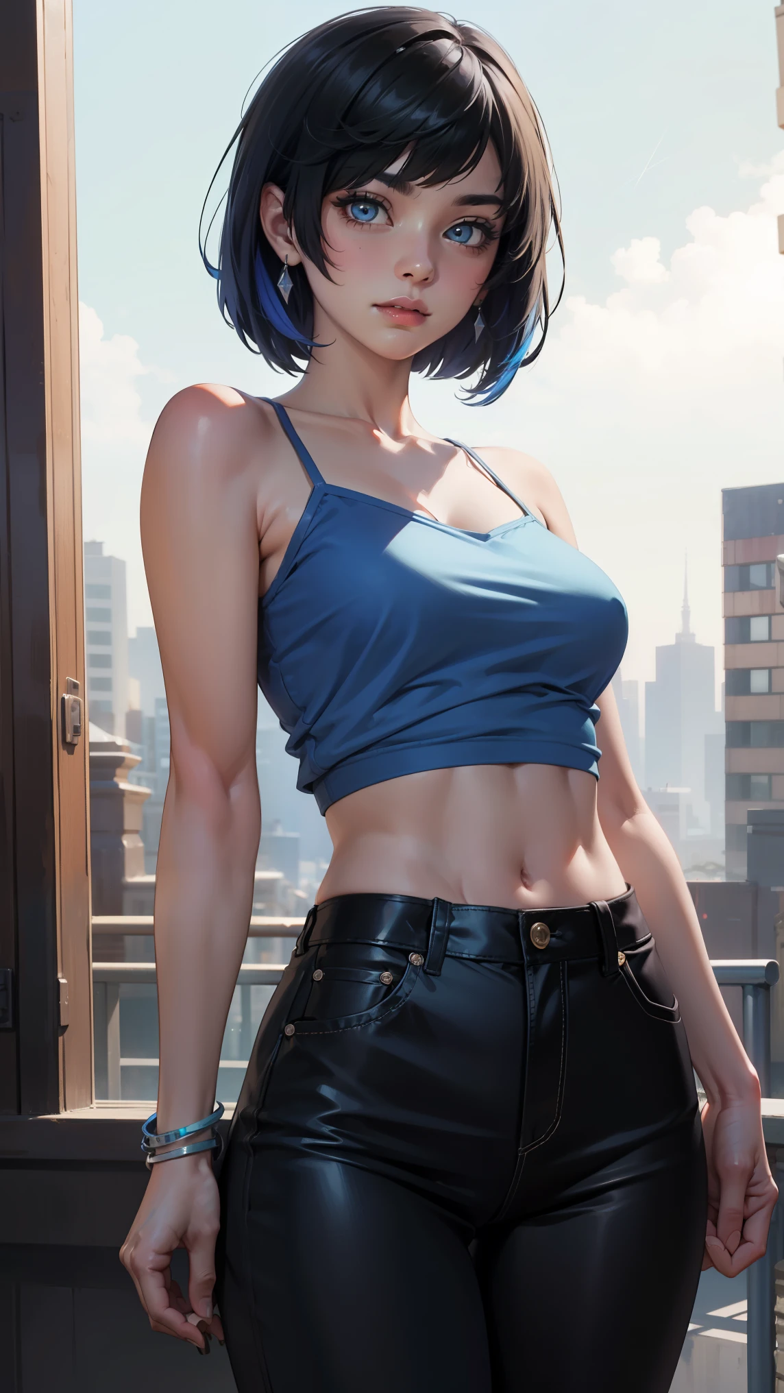 1 girl, short blue hair, blue eyes, blue skirt, crop-top, showing armpits, high res 8k masterpiece, looking at viewer