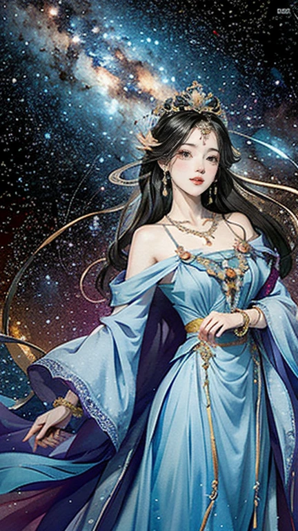 （masterpiece，Best Quality，High resolution, Unity8k wallpaper, Official Art), (One young beautiful girl), colorful, Detailed illustration art, Super detailed，Large Breasts, (Intertwined, Datura stramonium, Tangle), The Goddess, White lace dress, Silver Tiara, necklace, earrings, Gold Bracelet, Off the shoulder, Look at me and smile, Divine Light, Like a painting, flash drawing，Vibrant colors, Perfect Majic, Fantasy World, background, star雲, star, milky way, Detailed digital art, 