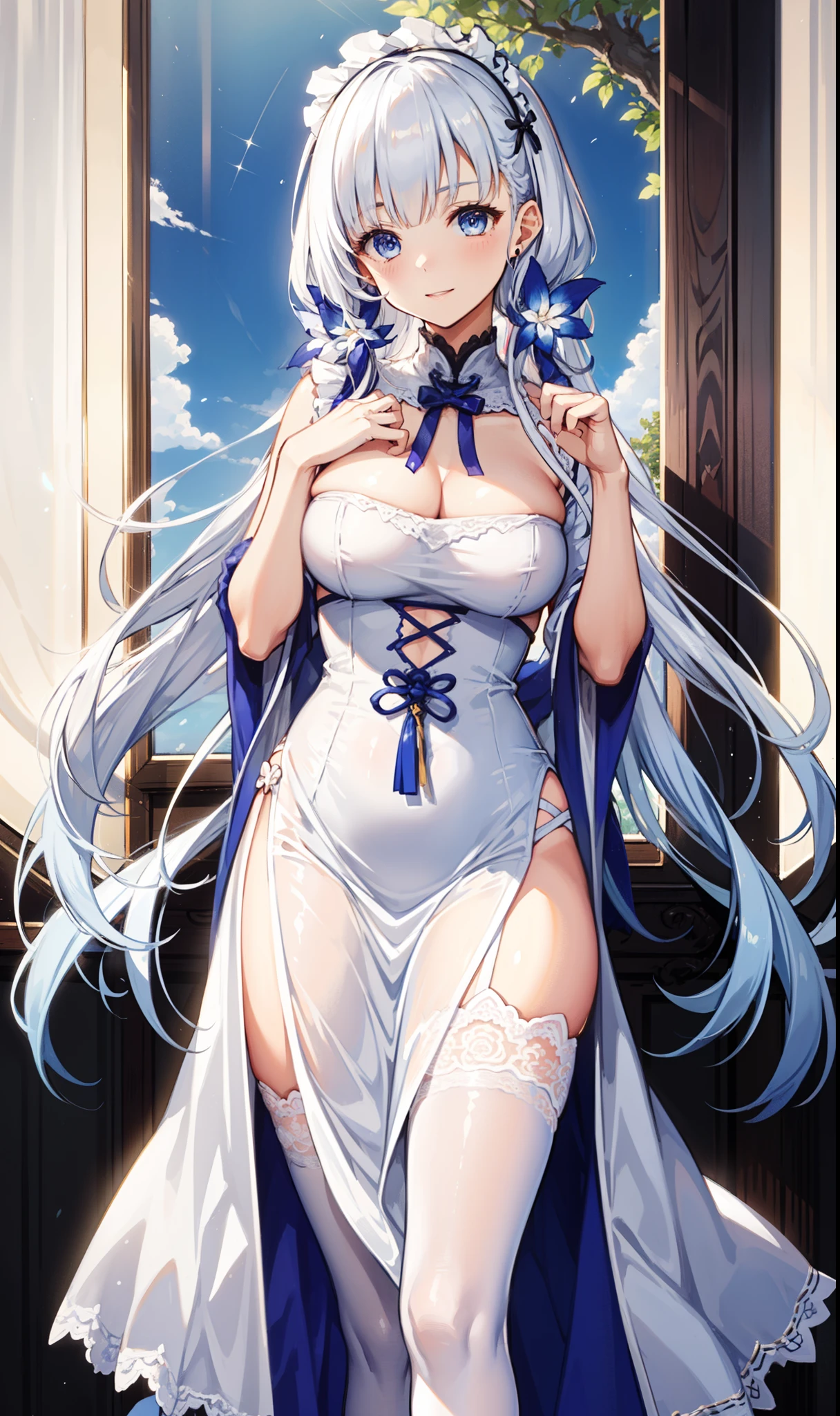 goddess，obsessed，have fun，in love，(White transparent maid uniform，With a long skirt)，Silver Hair，blue eyes，Transparent Clothes，Exquisite hair accessories，Transparent lace，Sky blue pattern，night，Dress nicely，bedroom，solitary，night，Engraved suspender boots，Beautiful face，Garter stockings，illustrious (maiden lily's radiance) (azur lane)