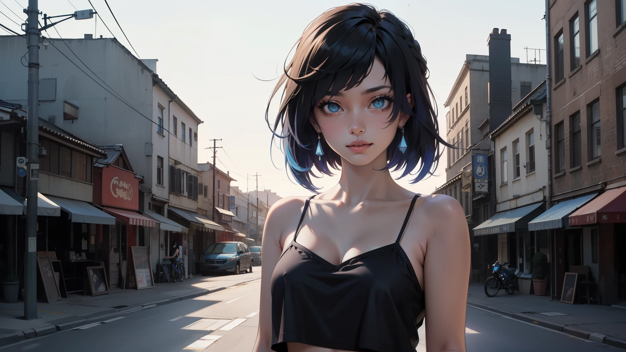 Girl with short blue hair smoking in front of an art gallery