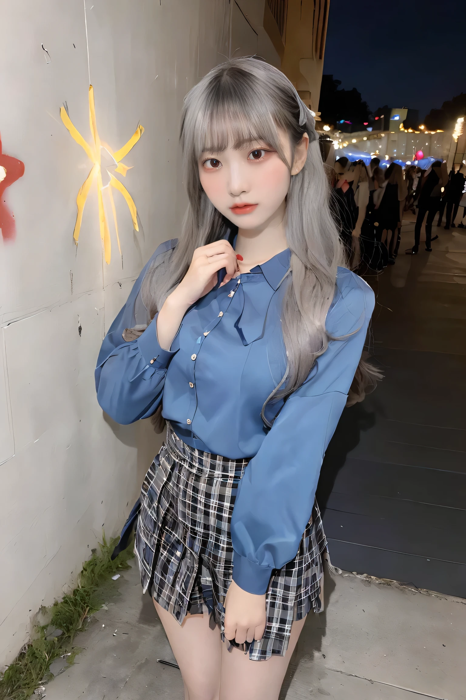 ((((light amber and gray hair)))), ,(((light amber and gray hair))) ((((light amber and gray hair)))), ,(((light amber and gray hair))) ,{{light silver and light gray hair}} ,(((light amber and gray hair))),{{light amber and gray}},(((blunt bangs))),((((light amber and gray hair)))), ,(((light amber and gray hair))) ,{{light silver and light gray hair}} ,(((light amber and gray hair))),{{light amber and gray}},(((blunt bangs))),{{light amber and gray}}, ((light amber and gray hair)),(Woman standing in front of graffiti wall at night),(masterpiece, highest quality, Realistically, work, Very detailed, 8k), ((Wide-angle lens, Full body woman love)), 1 girl,light makeup,exquisite features,exquisite crystal jewelry,Heart-shaped necklace,,Correct finger structure,Leather shoes,Long legs,Frontal standing posture ,Full body portrait,skyscrapers are hazy、(The wind blows up my skirt)、 (((slim and beautiful legs))),(((((long hair))))),(((((long hair))))), (((Super big breasts))),(((((showing leg))))),(((solo))),1girl,((((aqua blue clothes)))),((((real clothes)))),(((cool style clothes with design, reasonable clothing))),(((exquisite fashion outfits)))、Shooting for one person only、modelshoot、Autumn outfit、Fashionable clothes、Beautiful Eyes of Details、student clothes、very elongated eyes、Beautiful eyelashes、Beautiful double eyelids、very slender legs、Shorthair with light brown hair、very slender physique、Gray walls,(((cool style clothes))),(((buttoned clothing))), (plaid mini skirt),((Bow-tie decorated costume, Korean idol costume, long sleeves)),,((super big breast)),((Gcup breast)),((super big breast)),((Gcup breast)),((super big breast)),((Gcup breast)),(((long hair))),(((long hair)))