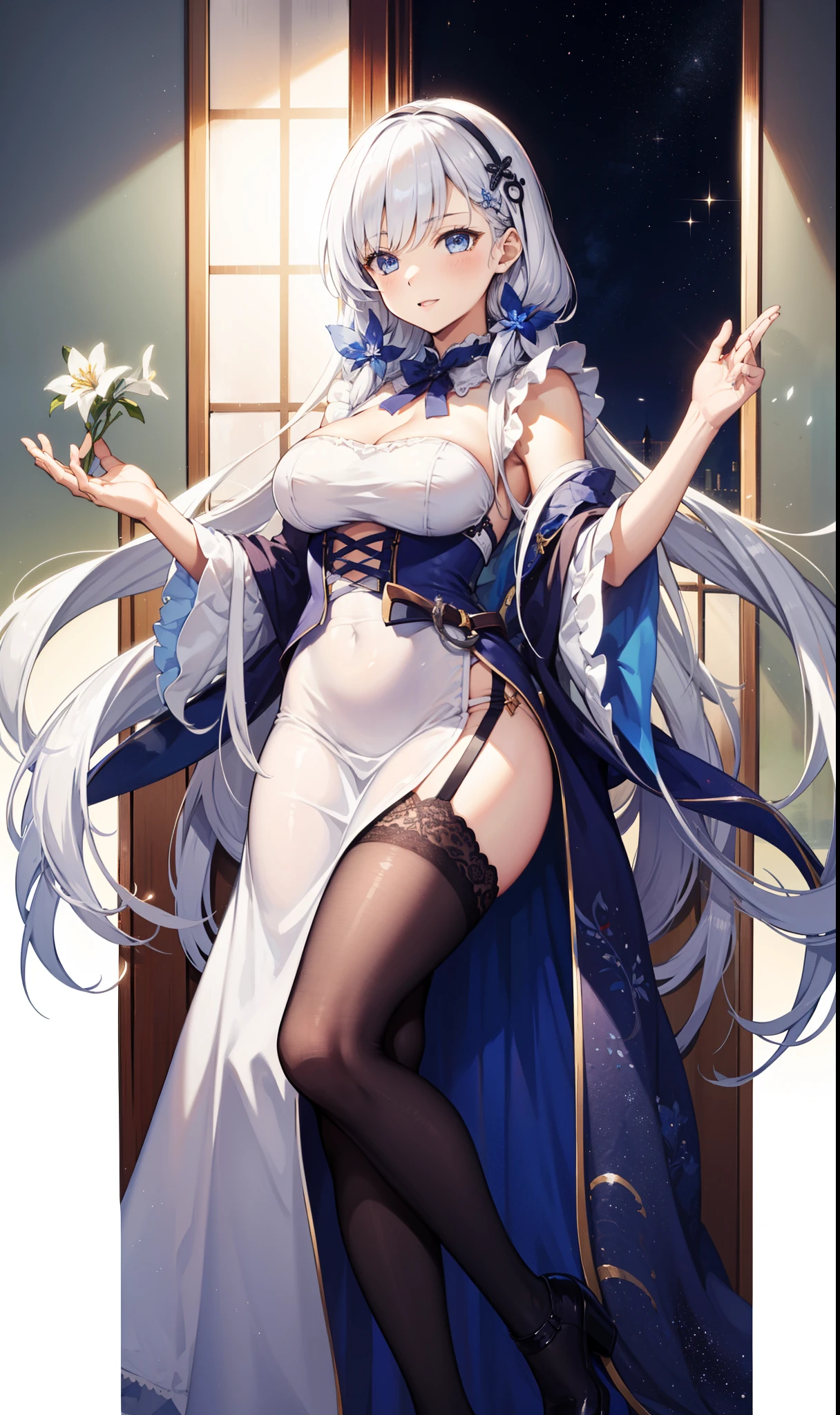 goddess，obsessed，have fun，in love，(White transparent maid uniform，With a long skirt)，Silver Hair，blue eyes，Transparent Clothes，Exquisite hair accessories，Transparent lace，Sky blue pattern，night，Dress nicely，bedroom，solitary，night，Engraved suspender boots，Beautiful face，Garter stockings，illustrious (maiden lily's radiance) (azur lane)