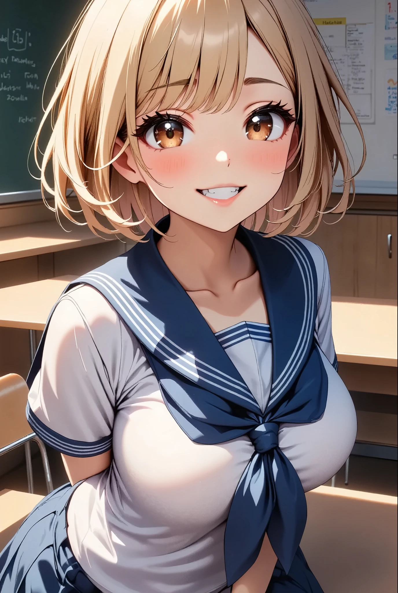 (masterpiece, Official Art), One Girl, Black Hair, blue eyes, hair ornaments, Hair Clip, (school uniform), (shirt), (tie), (skirt), (濡れたshirtの上から透けて見える下着), (Upper Body), (close), (Huge breasts), Very good、sunlight,classroom、 Show Viewer, Grin, attractive, blush, attractive服, (close), (Arms folded in front of chest), (whole body), Short Bob