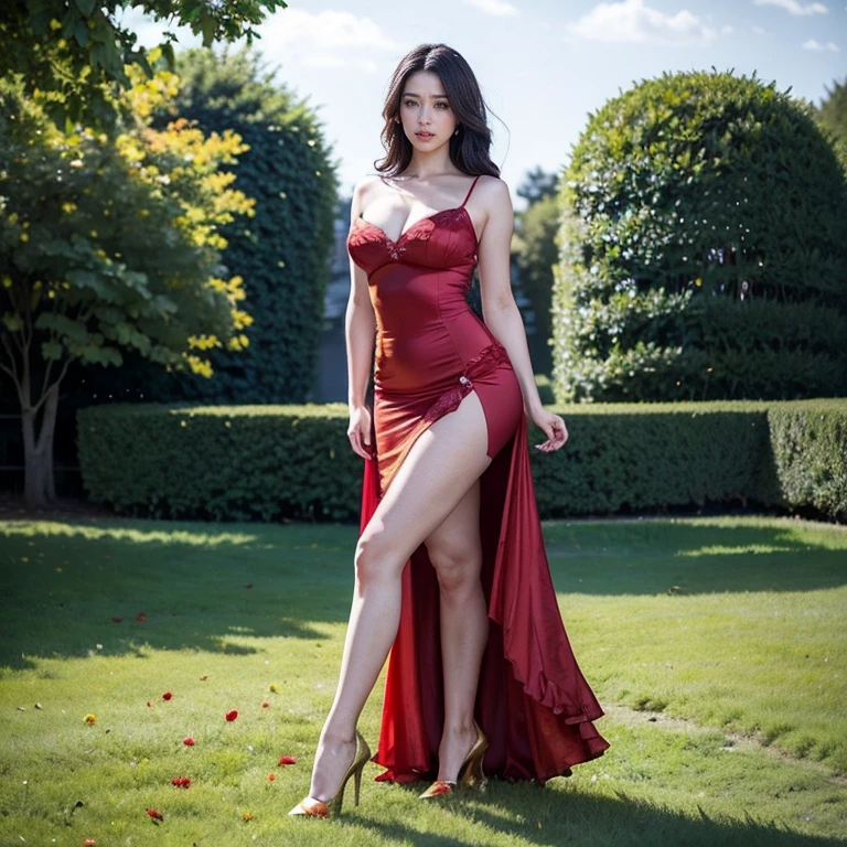 sitting straight symmetrical, sitting on grass, full body, solo girl looking to the camera, cow bell choker, metal sandals, , anime girl with red hair and red dress holding a bouquet, beautiful celestial mage, beautiful character painting, extremely detailed artgerm, beautiful and elegant elf queen, wlop rossdraws, 8k high quality detailed art, fantasy art style, anime fantasy illustration, by Yang J, detailed fantasy art, fanart best artstation, wlop and rossdraws, big breast, red long hair, red dress