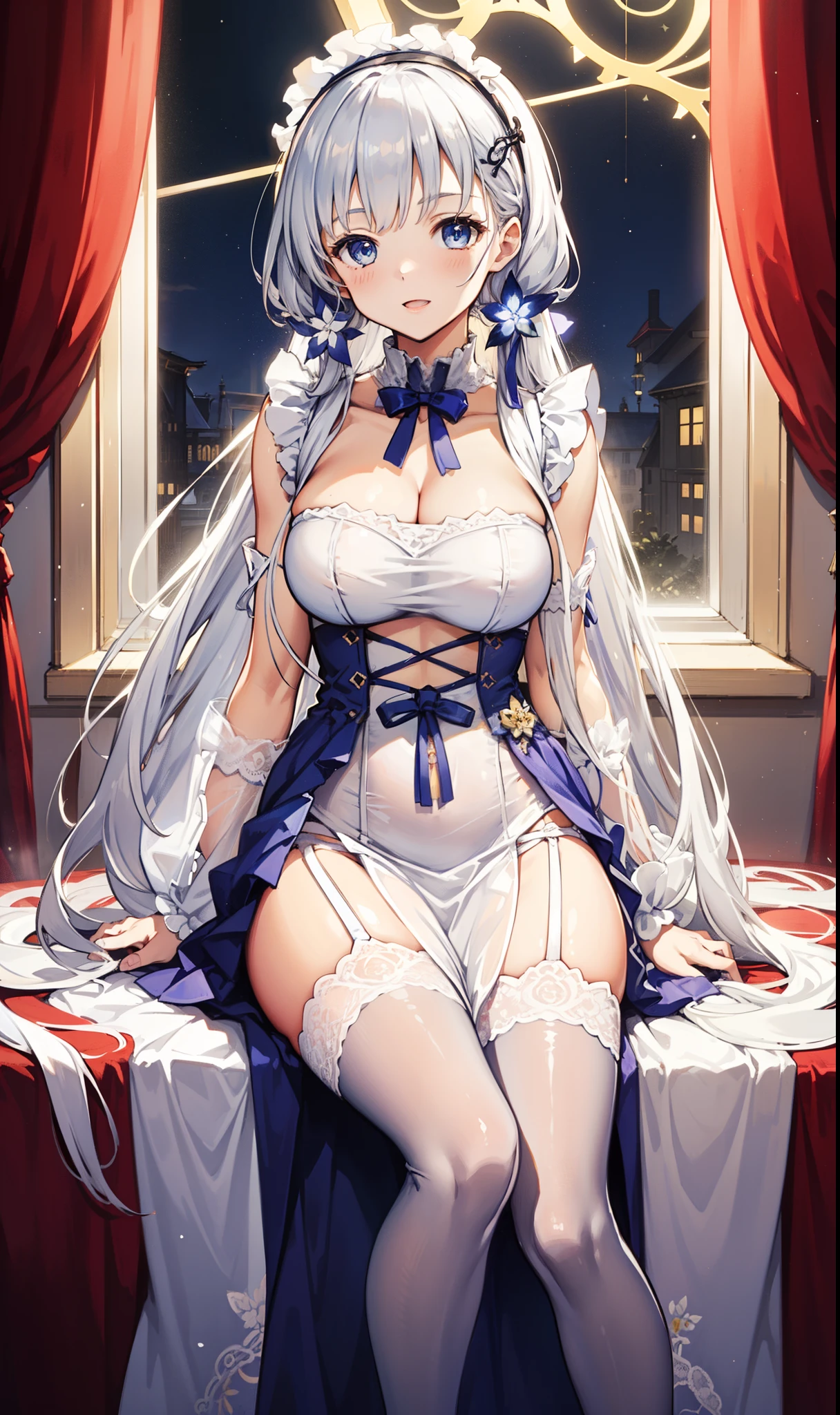 goddess，obsessed，have fun，in love，(White transparent maid uniform，With a long skirt)，Silver Hair，blue eyes，Transparent Clothes，Exquisite hair accessories，Transparent lace，Sky blue pattern，night，Dress nicely，bedroom，solitary，night，Engraved suspender boots，Beautiful face，Garter stockings，illustrious (maiden lily's radiance) (azur lane)