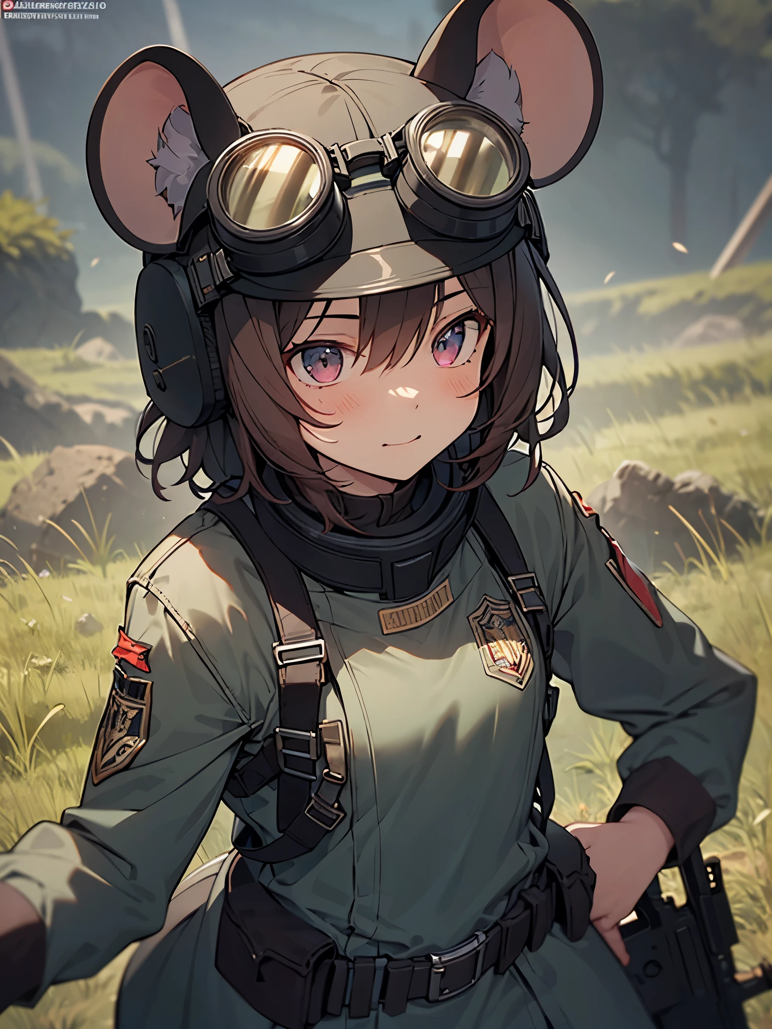 masterpiece, Best Quality, Perfect Face, Highest Resolution, Best Quality,Detailed depiction of the eyes, 8k, Action Shots, RimWorld, ratkin, 1 girl, young, small, Slender body, Mouse Ears, Helmet with goggles, Combat Uniform, battle field, rifle
