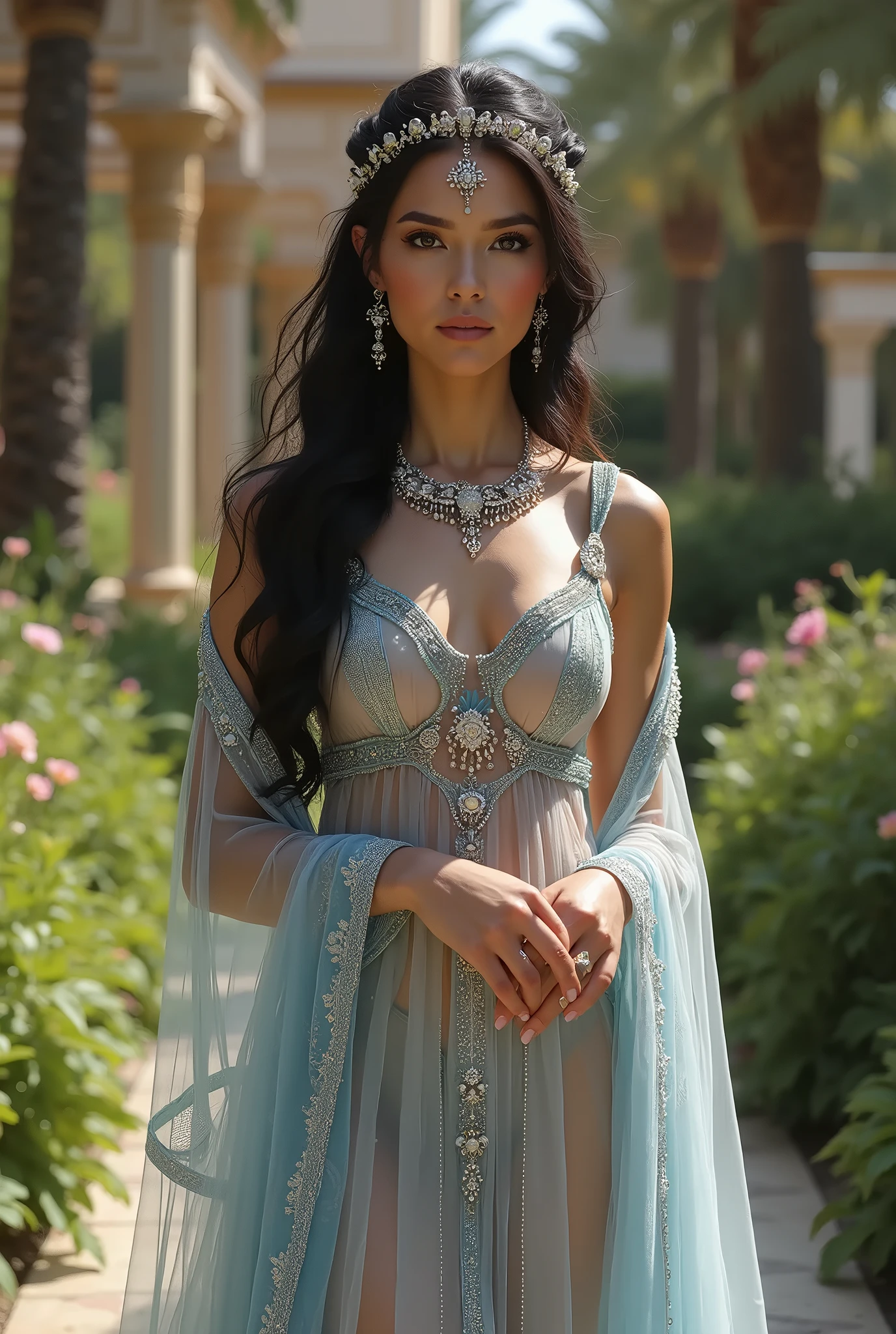 melhor qualidade, tmasterpiece, ultrahigh-resolution, Close-up of a woman in a flowing blue-pink gauze dress, close-up por todo o corpo, sexy para, ombros cortados, menina adolescente bonita, uma bela imperatriz fantasia, ethereal beauty, linda donzela fantasia, deusa bonita, ((uma bela imperatriz fantasia)), Fantasia Oriental, Ethereal Fantasy, cenas detalhadas, awesome pose, Attractive accessories, Pitoresco, cabelos pretos, fantasia, little animals around her, in the middle of a forest,