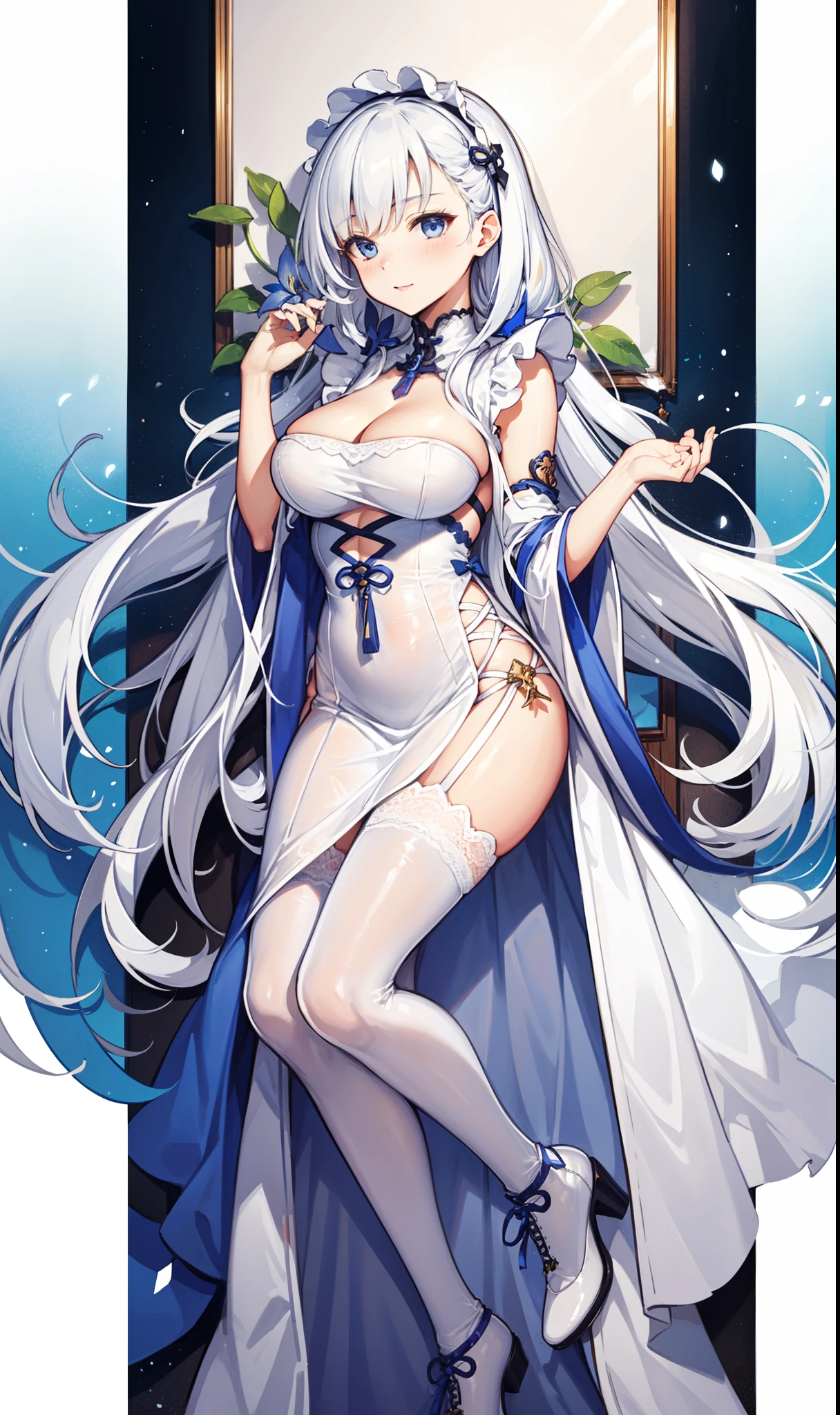 goddess，obsessed，have fun，in love，(White transparent maid uniform，With a long skirt)，Silver Hair，blue eyes，Transparent Clothes，Exquisite hair accessories，Transparent lace，Sky blue pattern，night，Dress nicely，bedroom，solitary，night，Engraved suspender boots，Beautiful face，Garter stockings，illustrious (maiden lily's radiance) (azur lane)