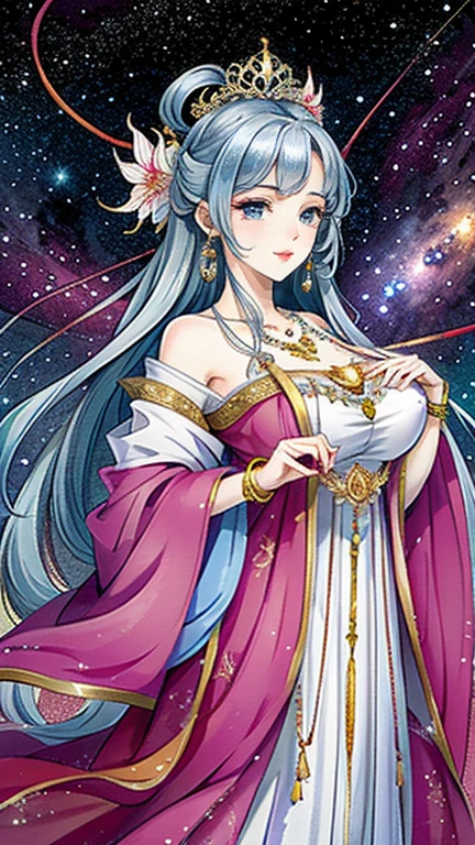 （masterpiece，Best Quality，High resolution, Unity8k wallpaper, Official Art), (One young beautiful girl), colorful, Detailed illustration art, Super detailed，Large Breasts, (Intertwined, Datura stramonium, Tangle), The Goddess, White lace dress, Silver Tiara, necklace, earrings, Gold Bracelet, Off the shoulder, Look at me and smile, Divine Light, Like a painting, flash drawing，Vibrant colors, Perfect Majic, Fantasy World, background, star雲, star, milky way, Detailed digital art, 