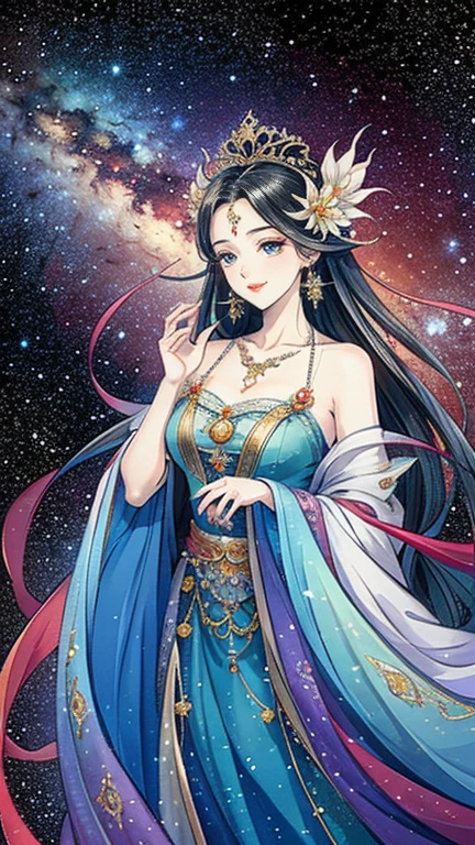 （masterpiece，Best Quality，High resolution, Unity8k wallpaper, Official Art), (One young beautiful girl), colorful, Detailed illustration art, Super detailed，Large Breasts, (Intertwined, Datura stramonium, Tangle), The Goddess, White lace dress, Silver Tiara, necklace, earrings, Gold Bracelet, Off the shoulder, Look at me and smile, Divine Light, Like a painting, flash drawing，Vibrant colors, Perfect Majic, Fantasy World, background, star雲, star, milky way, Detailed digital art, 