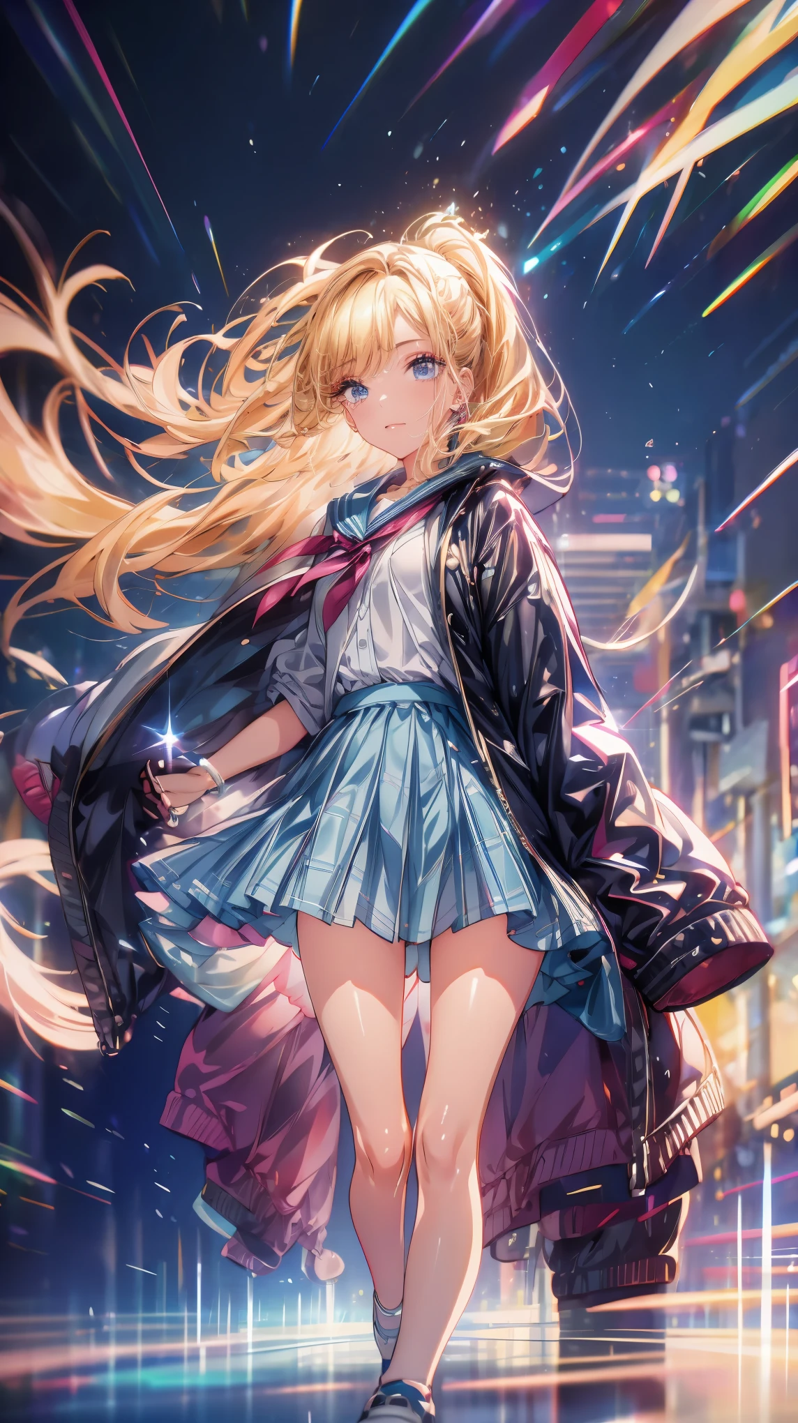 ((best quality)), ((masterpiece)), (detailed), 1girl, headbands, long hair, cute face, beautiful, black jacket, black bracelet, blue skirt, kicking style, blue shoes, the stars fall, night, evening, ultra realistic, anime grafis, wallpaper, 8k, watercolor scenery