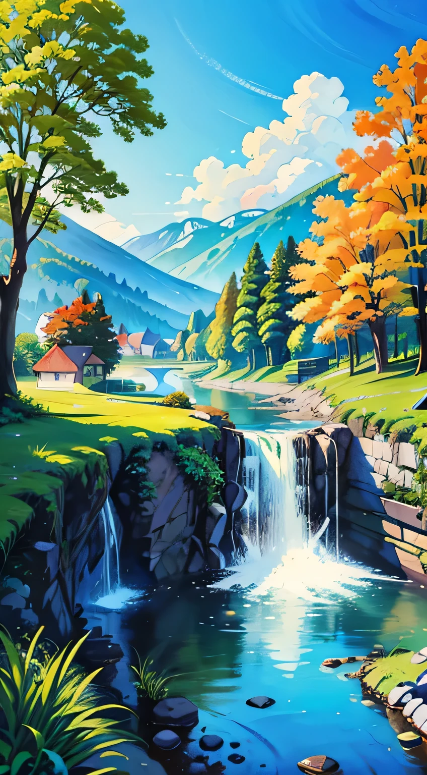 Draw a house and a stream in a beautiful landscape, detailed art scenario, landscape art, rich and picturesque colors, Bela arte UHD 4K, detailed painting 4K, detailed panoramic view, colorful landscape painting, vibrant gouache painting scenery, beautiful detailed scene, detailed landscape, a beautiful art illustration, Detailed Scenery — width 672, 