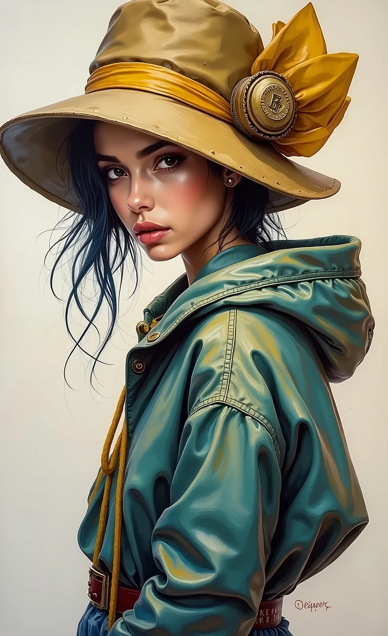 a colorful oil painting illustration style, a girl in a large hat in half profile looking at the camera, hip hop clothes, beautiful detailed eyes, beautiful detailed lips, extremely detailed eyes and face, long eyelashes, (best quality,4k,8k,highres,masterpiece:1.2),ultra-detailed,(realistic,photorealistic,photo-realistic:1.37),vibrant colors,dramatic lighting,portrait,highly detailed