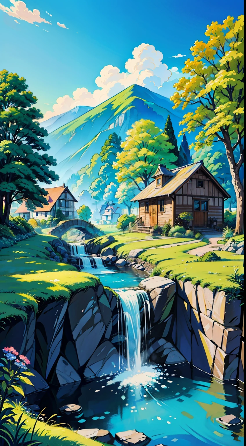 Draw a house and a stream in a beautiful landscape, detailed art scenario, landscape art, rich and picturesque colors, Bela arte UHD 4K, detailed painting 4K, detailed panoramic view, colorful landscape painting, vibrant gouache painting scenery, beautiful detailed scene, detailed landscape, a beautiful art illustration, Detailed Scenery — width 672, 