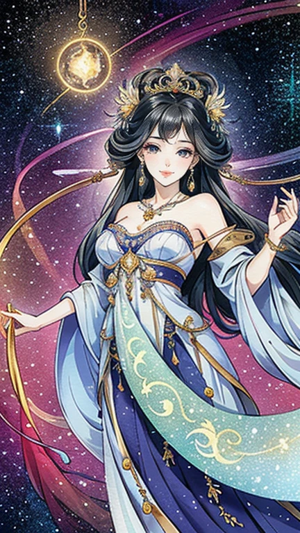 <lora:hairOverEyesLoraStyle_v1:1.1>, hi res, masterpiece, a beautiful woman sitting on a crescent moon, long wavy black hair,, hair over eyes, stars, magical, dreamy, mysterious, starry night sky,  alphonse mucha,