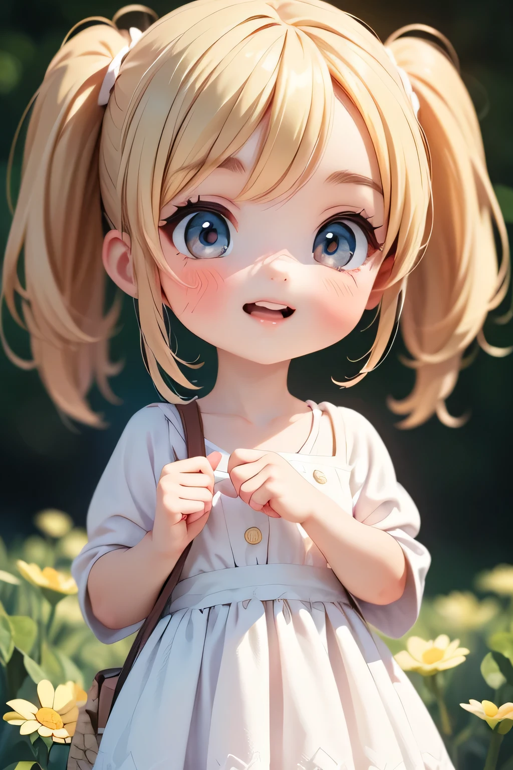 A girl enjoying the gentle breeze with a cute smile, bathed in soft light. The artwork is in high definition (HD) and has a chibi style, portraying a ***** with blonde hair. The girl's face is filled with happiness and the overall image has a touch of realism. The artwork is of the highest quality, with a resolution of 8K.