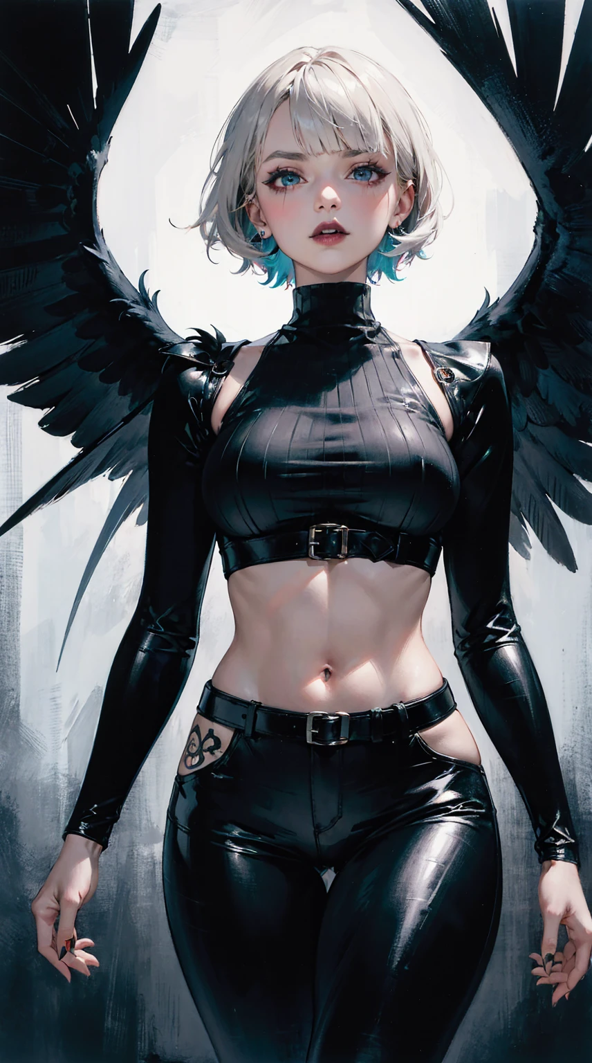 25 year old woman with short undercut indigo hair dressed in a skimpy angel mistress outfit with leather miniskirt, cleavage, belt, wings. Blue eyes with eye liner. Neutral background