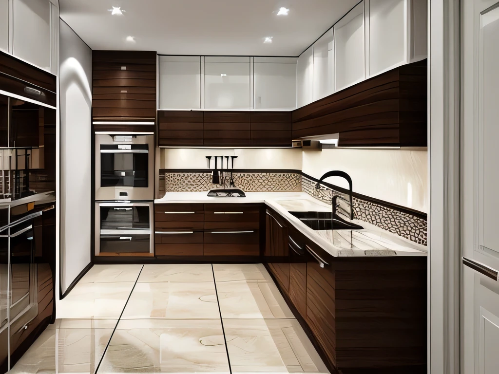 Modern style kitchen, brown wooden kitchen cabinets. marble kitchen surface. Contrast white glass tile floor, white painted walls. High quality photos, sharp details. Interior lighting. quality kitchen utensils.