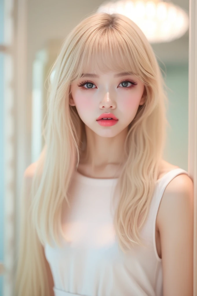 (detailed), studio lighting, hyper detailed, realistic portrait, Perfect Face.1 teenage girl, 、Blue eyes with well-defined double eyelids and long eyelashes, in the white girly dressroom backdrop, realistic face, detailed skin, Blonde long bob hair with pink ends 、bangs covering forehead, extremely detailed lips, large mouth, full, plump, glossy light pink lips, natural-looking makeup, transparent lip gloss, with off-shoulder tops, photorealistic, ((Best Quality)), ((masterpiece)), high quality, 8k, masterpiece