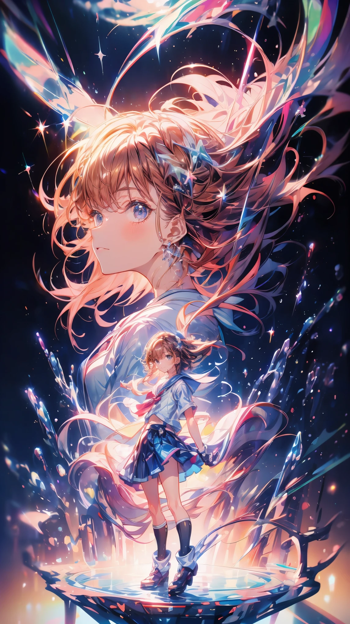 (masterpiece), 4K, Kingdom Hearts, Detailed Description, Shining like a star, Floating in the night sky, Cool look, Watching over us, Shining Star々, Bringing Happiness, Wearing a sailor uniform, High school girl, Jewel-like brown hair, Shining like a star目, Railgun,