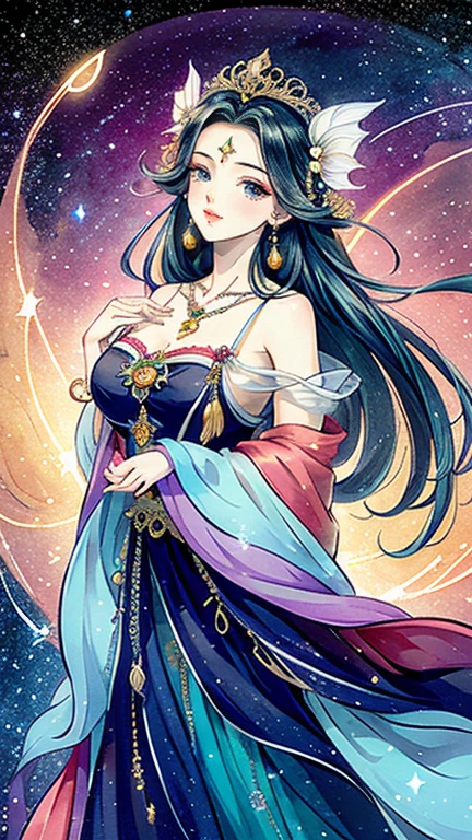 （masterpiece，Best Quality，High resolution, Unity8k wallpaper, Official Art), (One young beautiful girl), colorful, Detailed illustration art, Super detailed，Large Breasts, (Intertwined, Datura stramonium, Tangle), The Goddess, White lace dress, Silver Tiara, necklace, earrings, Gold Bracelet, Off the shoulder, Look at me and smile, Divine Light, Like a painting, flash drawing，Vibrant colors, Perfect Majic, Fantasy World, background, star雲, star, milky way, Detailed digital art, 