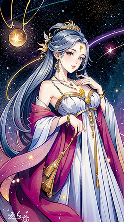 （masterpiece，Best Quality，High resolution, Unity8k wallpaper, Official Art), (One young beautiful girl), colorful, Detailed illustration art, Super detailed，Large Breasts, (Intertwined, Datura stramonium, Tangle), The Goddess, White lace dress, Silver Tiara, necklace, earrings, Gold Bracelet, Off the shoulder, Look at me and smile, Divine Light, Like a painting, flash drawing，Vibrant colors, Perfect Majic, Fantasy World, background, star雲, star, milky way, Detailed digital art, 