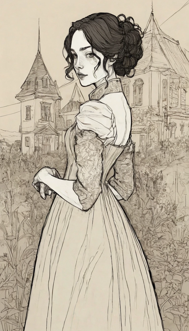 (depicting a single moment from a manga for adults), (hand-drawn), ((simple line art)), ((manga-style line art background)), one woman, drooping eyes, eyes realistic sizing, ((round face, blush, shame play, emphasize body line, orgasm, squirting)), various pattern thin casual dress, arch hip, showing off pubic hair, open legs, strong sunlight, sweat, dark red hair, spread legs, braid, sitting on the bollard made of pipe,