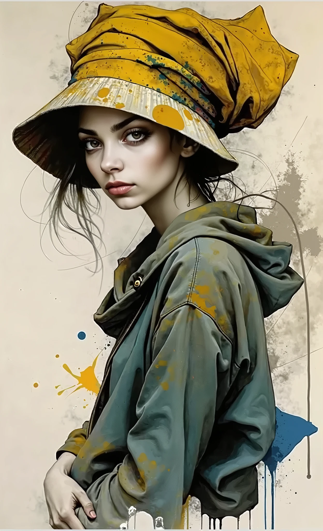 a colorful oil painting illustration style, a girl in a large hat in half profile looking at the camera, hip hop clothes, beautiful detailed eyes, beautiful detailed lips, extremely detailed eyes and face, long eyelashes, (best quality,4k,8k,highres,masterpiece:1.2),ultra-detailed,(realistic,photorealistic,photo-realistic:1.37),vibrant colors,dramatic lighting,portrait,highly detailed