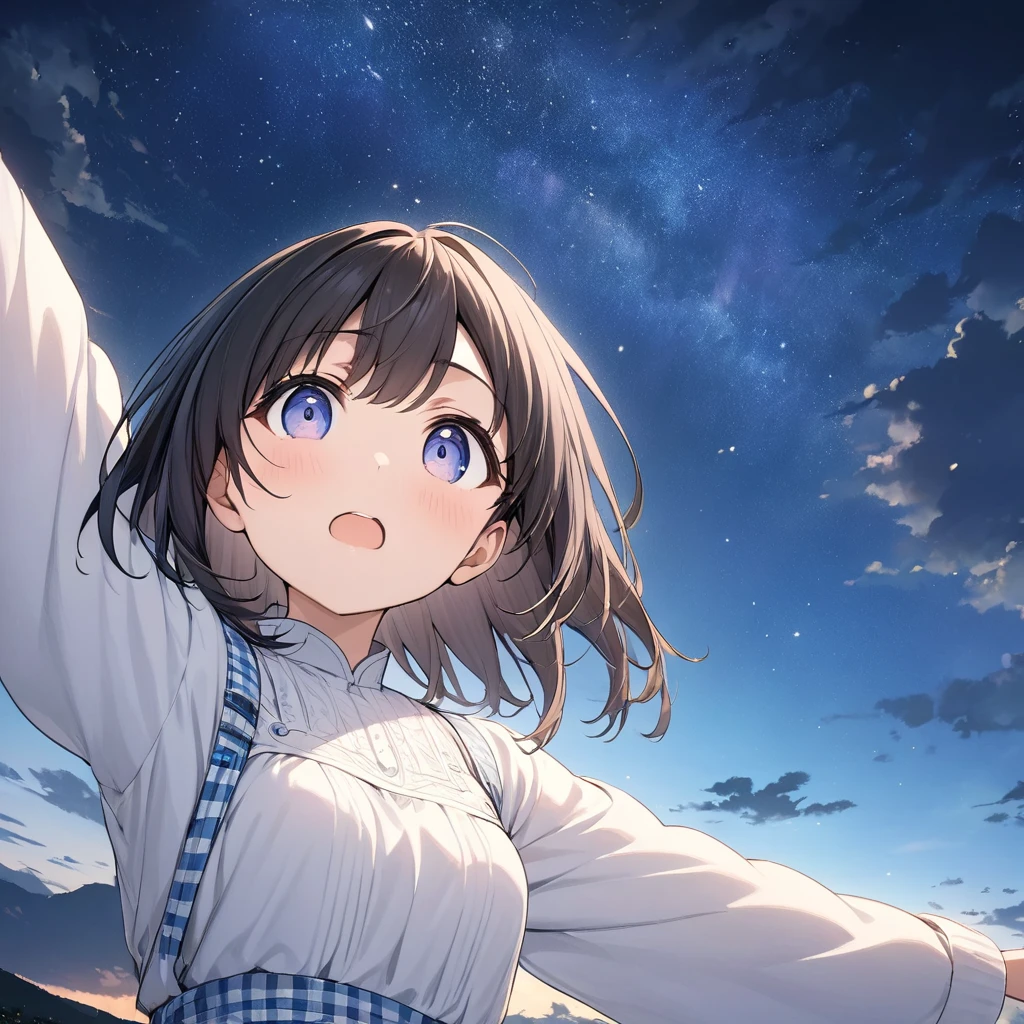 Absurd, High resolution, (official art, beautifully、aesthetic:1.2), close view, Raise your arms from below 1girl, Bright Sky, A vast world, stare, Awe-inspiring expressions, Distant Horizon, cloud, High Hill, Natural beauty, Inspiration, Night Sky, Shining Star々, App Style