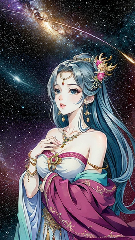 （masterpiece，Best Quality，High resolution, Unity8k wallpaper, Official Art), (One young beautiful girl), colorful, Detailed illustration art, Super detailed，Large Breasts, (Intertwined, Datura stramonium, Tangle), The Goddess, White lace dress, Silver Tiara, necklace, earrings, Gold Bracelet, Off the shoulder, Look at me and smile, Divine Light, Like a painting, flash drawing，Vibrant colors, Perfect Majic, Fantasy World, background, star雲, star, milky way, Detailed digital art, 