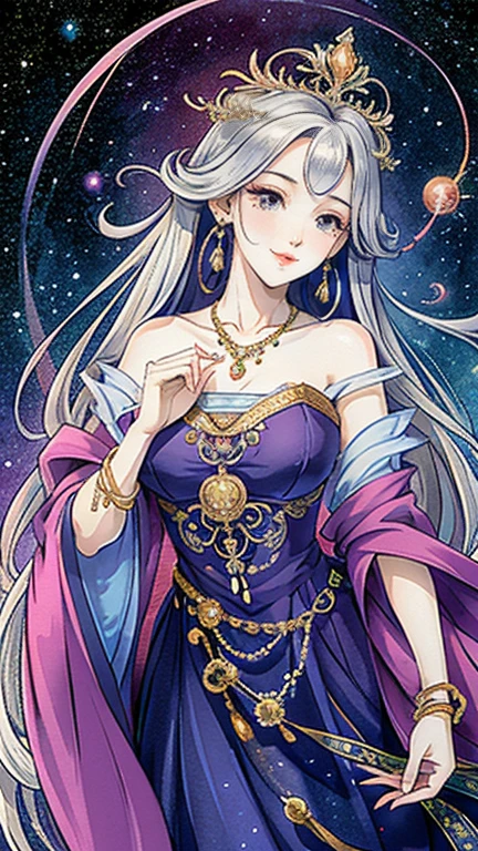 （masterpiece，Best Quality，High resolution, Unity8k wallpaper, Official Art), (One young beautiful girl), colorful, Detailed illustration art, Super detailed，Large Breasts, (Intertwined, Datura stramonium, Tangle), The Goddess, White lace dress, Silver Tiara, necklace, earrings, Gold Bracelet, Off the shoulder, Look at me and smile, Divine Light, Like a painting, flash drawing，Vibrant colors, Perfect Majic, Fantasy World, background, star雲, star, milky way, Detailed digital art, 